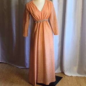 Beautiful VINTAGE gown in light tangerine with silver threads throughout